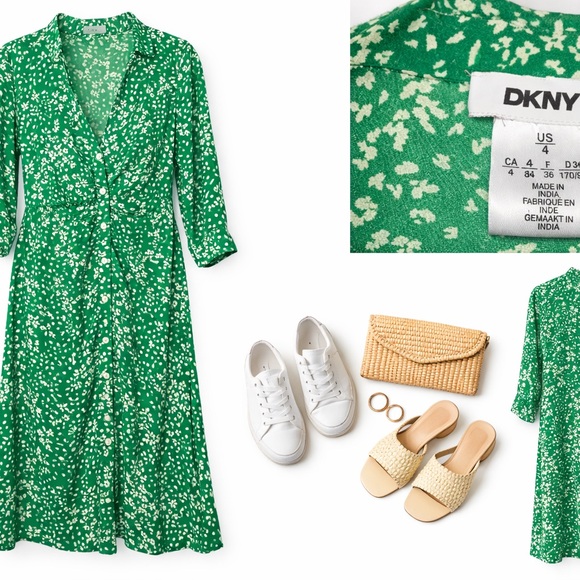 DKNY Green Floral Midi Dress | Button Front | Size 4 - Picture 2 of 3
